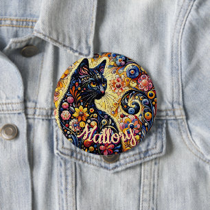 Whimsical Floral Black Cat Kitty Personalized 10 Cm Round Badge