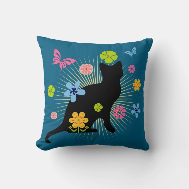 Whimsical Floral Black Cat Throw Pillow (Front)