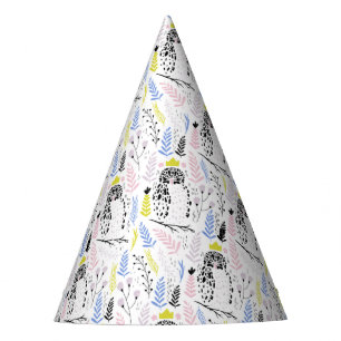 Whimsical Floral Black Nocturnal Owl Dot  Party Hat