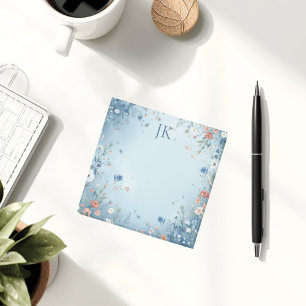 Whimsical Floral Blue Personalised Monogram Post-it Notes