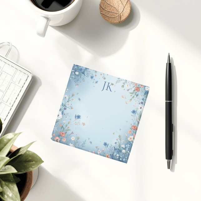 Whimsical Floral Blue Personalised Monogram Post-it Notes (Eye-catching and easy to personalize)