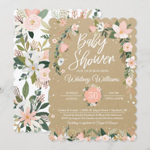 Whimsical Floral Blush Pink White Girl Baby Shower Invitation