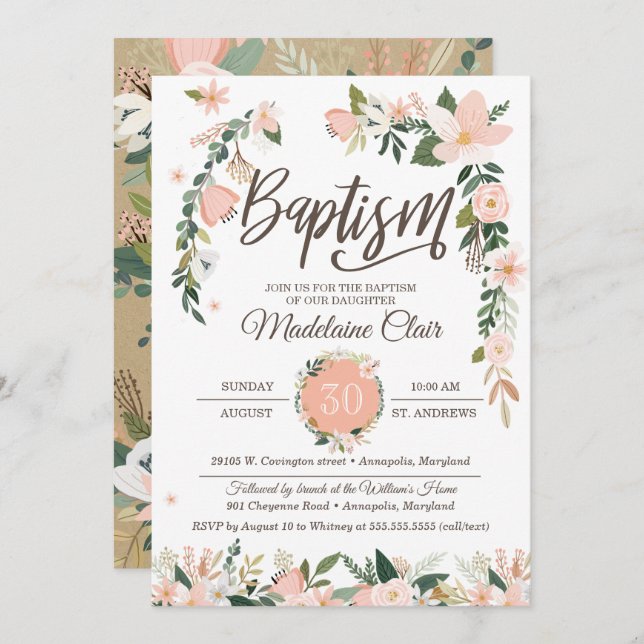 Whimsical Floral Blush Pink & White Girl Baptism Invitation (Front/Back)