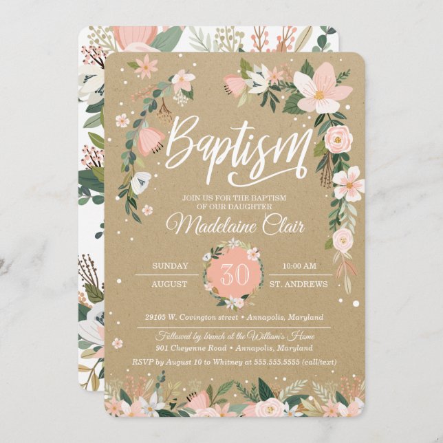 Whimsical Floral Blush & White Girl Baptism Invitation (Front/Back)