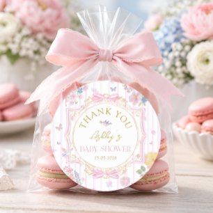 Whimsical Floral Bow Baby Girl Shower Thank You Classic Round Sticker