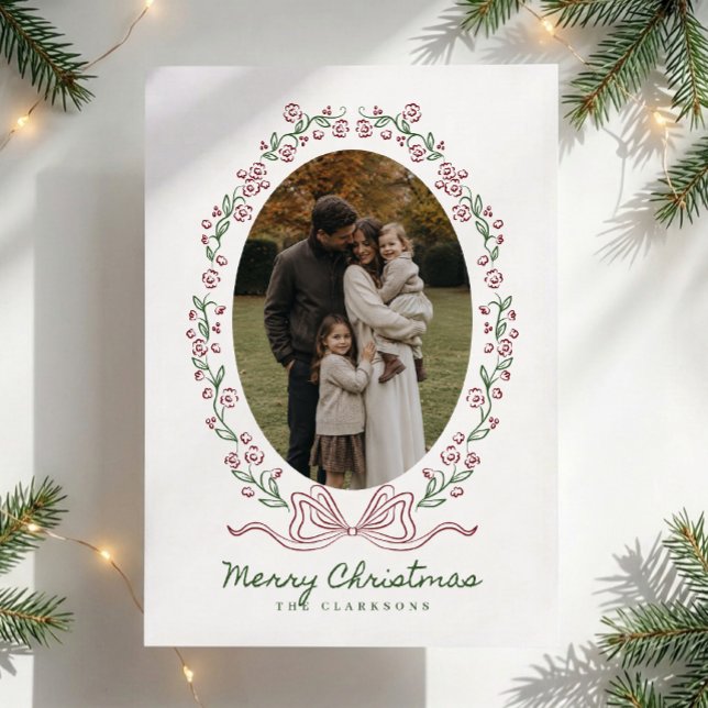 Whimsical Floral Bow Frame Christmas Photo Card (Creator Uploaded)