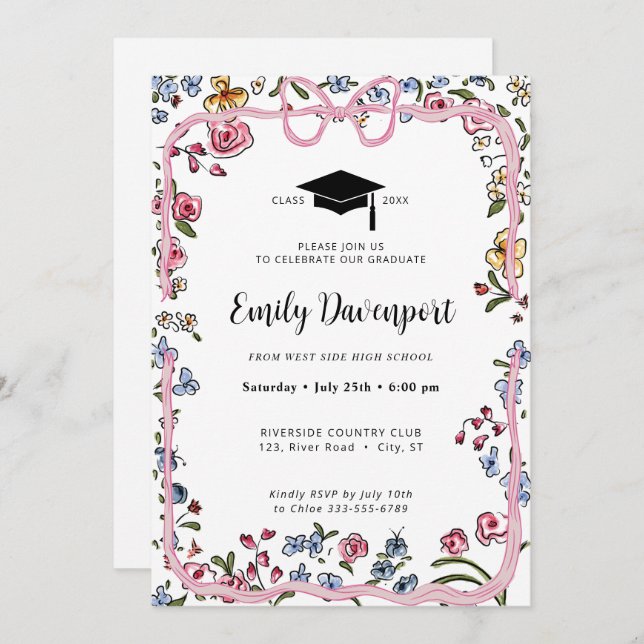 Whimsical Floral Bow Graduation photo on back  Invitation (Front/Back)