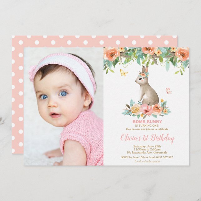 Whimsical Floral Bunny Rabbit 1st Birthday Photo Invitation (Front/Back)