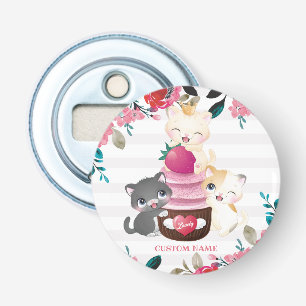 Whimsical Floral Cartoon Cats Strawberry Cupcake Bottle Opener