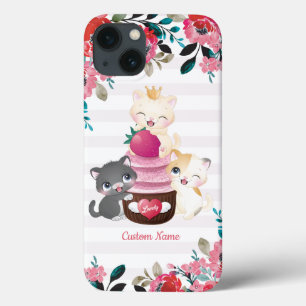 Whimsical Floral Cartoon Cats Strawberry Cupcake iPhone 13 Case