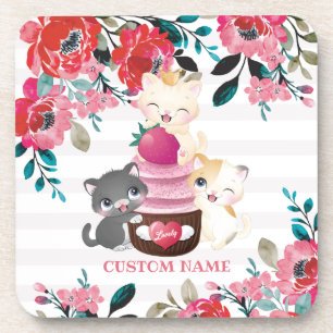 Whimsical Floral Cartoon Cats Strawberry Cupcake Coaster