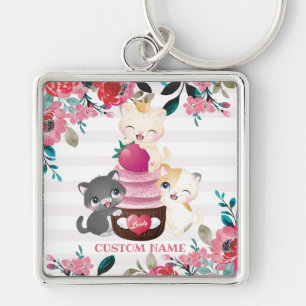 Whimsical Floral Cartoon Cats Strawberry Cupcake Key Ring