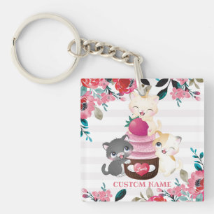 Whimsical Floral Cartoon Cats Strawberry Cupcake Key Ring