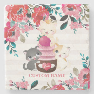 Whimsical Floral Cartoon Cats Strawberry Cupcake Stone Coaster