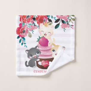 Whimsical Floral Cartoon Cats Strawberry Cupcake Wash Cloth