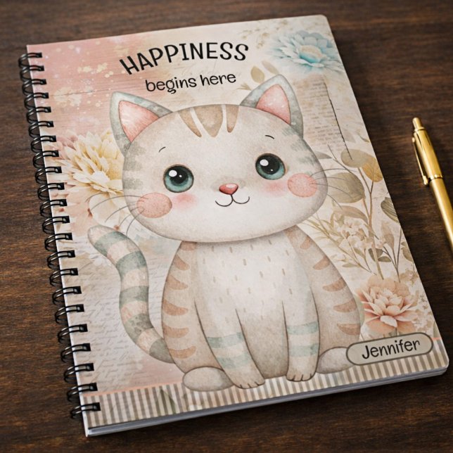 Whimsical Floral Cat Personalized Notebook (Notebook featuring an adorable cat illustration on soft botanicals and flowers in warm pastel colors)