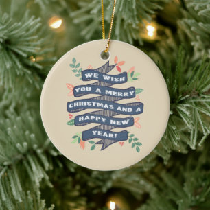 Whimsical Floral Christmas Banner Photo Holiday Ceramic Tree Decoration