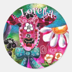 Whimsical Floral Cow Pink Teal Black Personalised Classic Round Sticker