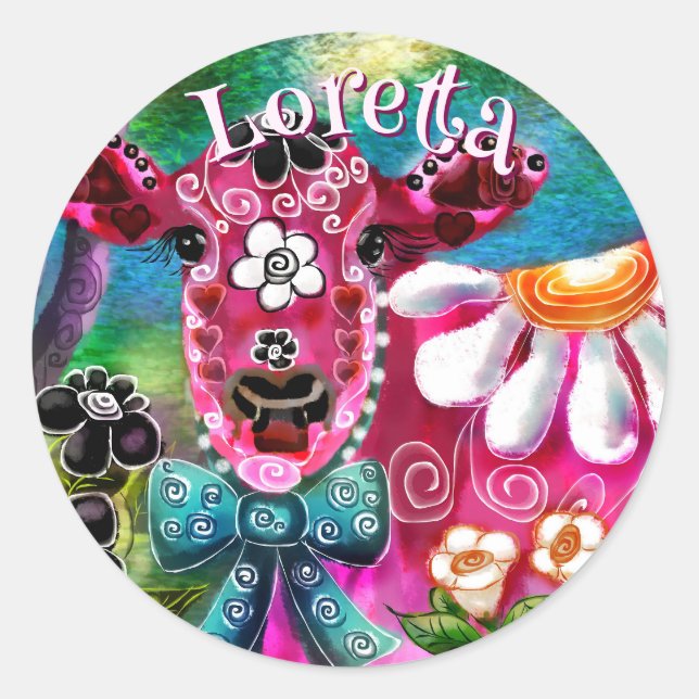Whimsical Floral Cow Pink Teal Black Personalised Classic Round Sticker (Front)