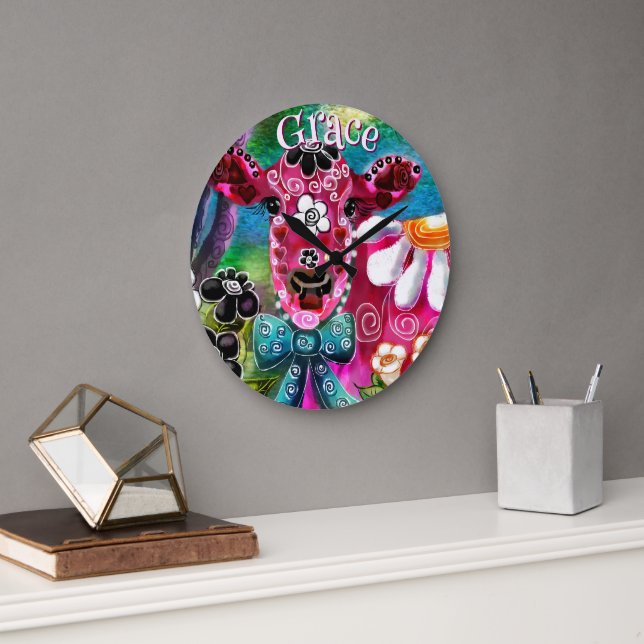 Whimsical Floral Cow Pink Teal Black Personalised Large Clock (Office)