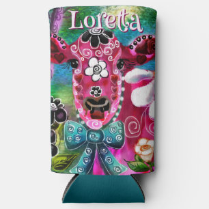 Whimsical Floral Cow Pink Teal Black Personalised Seltzer Can Cooler