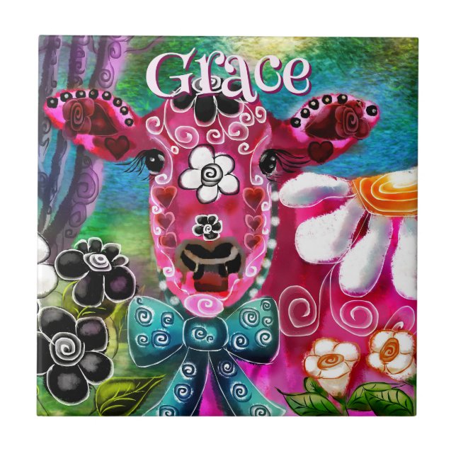 Whimsical Floral Cow Pink Teal Black Personalised Tile (Front)