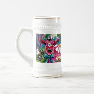 Whimsical Floral Cow Pink Teal Black Personalized Beer Stein