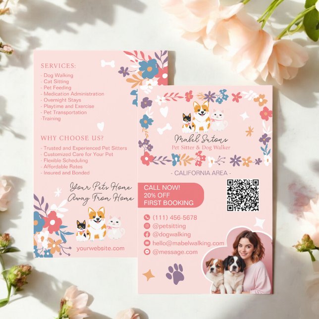 Whimsical floral cute pastel pet sitter dog walker flyer (Whimsical floral cute pastel pet sitter dog walker flyer)