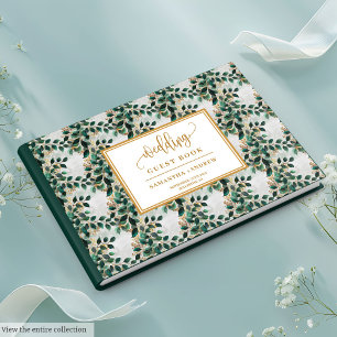 Whimsical Floral Deep Green And Gold Guest Book