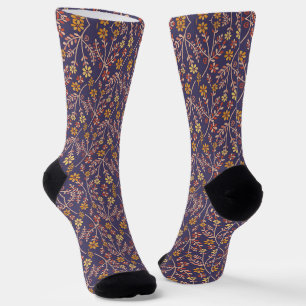 Whimsical Floral Design with Vines on Purple Back Socks