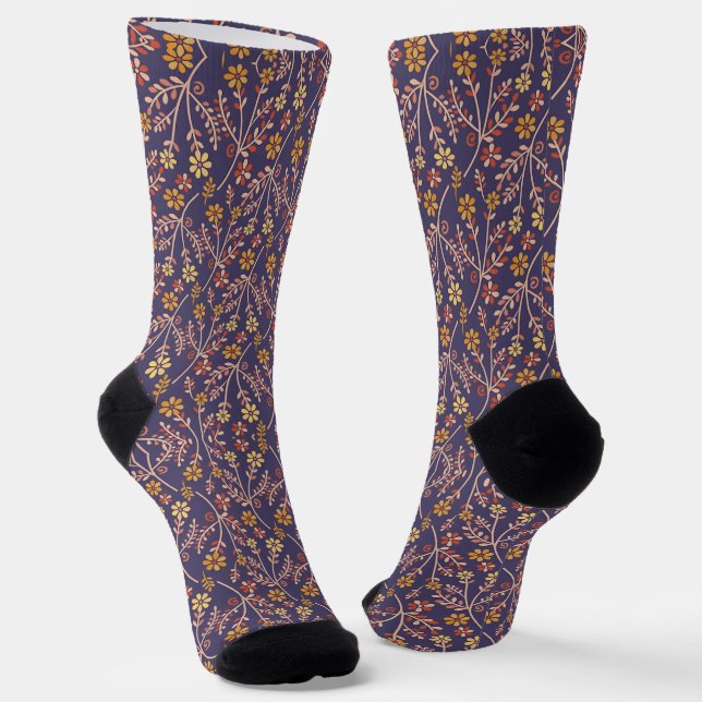 Whimsical Floral Design with Vines on Purple Back Socks (Angled)
