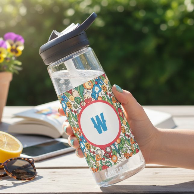 Whimsical Floral Doodle Pattern Monogrammed Water Bottle (Whimsical floral initial water bottle)
