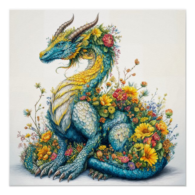 Whimsical Floral Dragon Art Poster (Front)