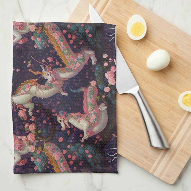 Whimsical Floral Dragons Tea Towel (Quarter Fold)