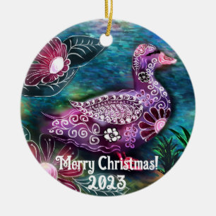 Whimsical Floral Duck Painting Purple Personalised Ceramic Tree Decoration