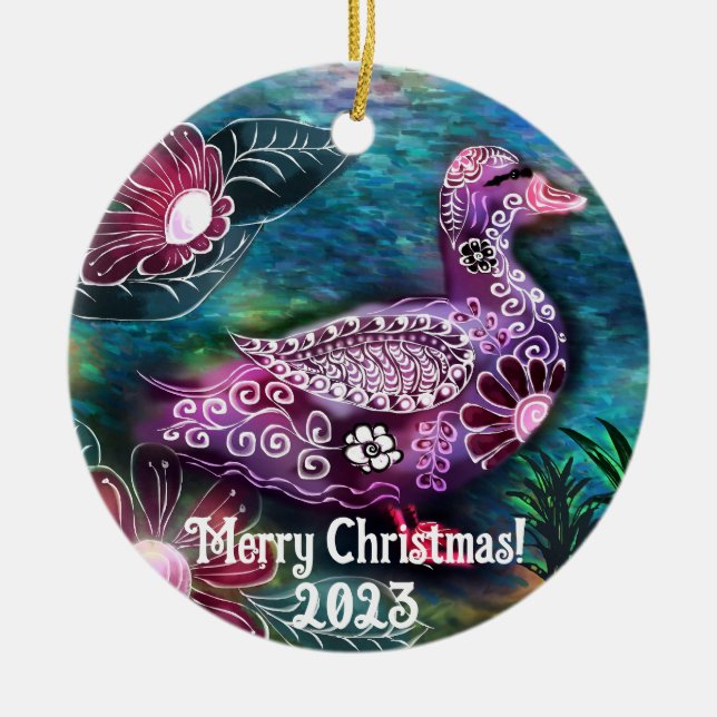 Whimsical Floral Duck Painting Purple Personalised Ceramic Tree Decoration (Front)