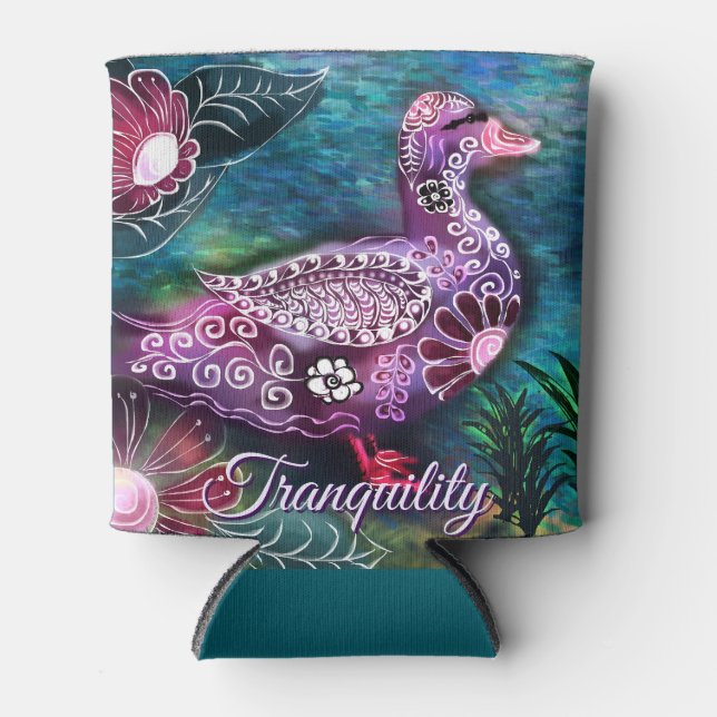 Whimsical Floral Duck Purple Teal Personalised Can Cooler (Front)