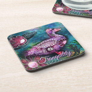 Whimsical Floral Duck Purple Teal Personalised Coaster