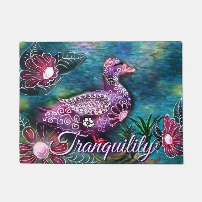 Whimsical Floral Duck Purple Teal Personalised Doormat (Front)
