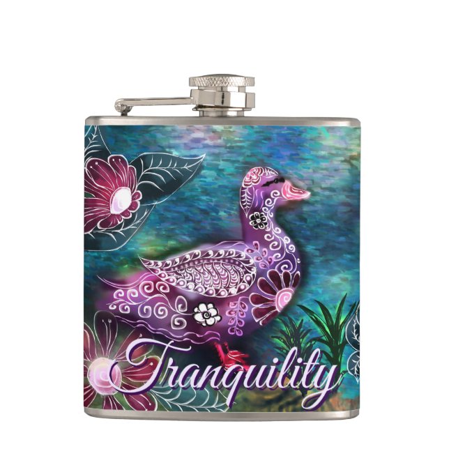 Whimsical Floral Duck Purple Teal Personalised Hip Flask (Front)