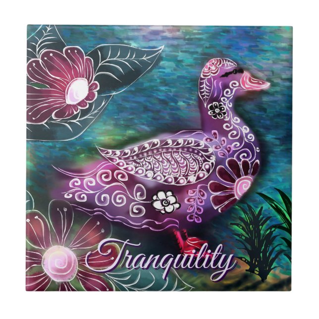 Whimsical Floral Duck Purple Teal Personalised Tile (Front)