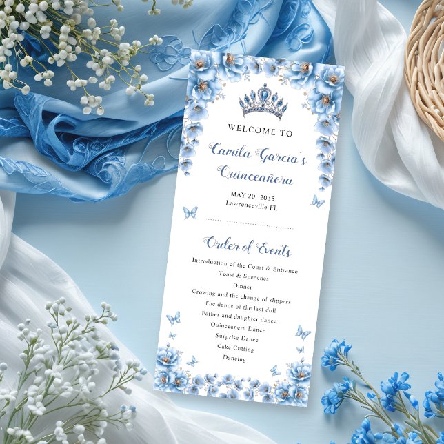 Whimsical Floral Dusty Blue Tiara Quinceañera Programme (Creator Uploaded)