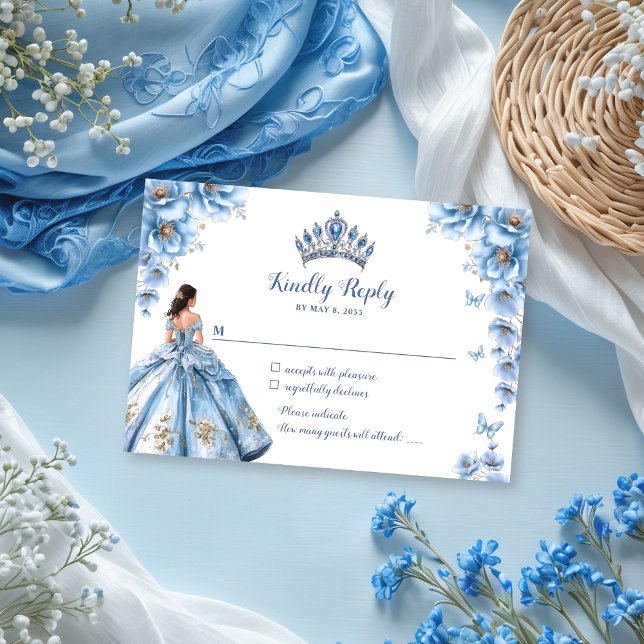 Whimsical Floral Dusty Blue Tiara Quinceañera RSVP Card (Creator Uploaded)