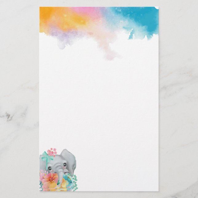 Whimsical Floral Elephant stationery paper (Front)