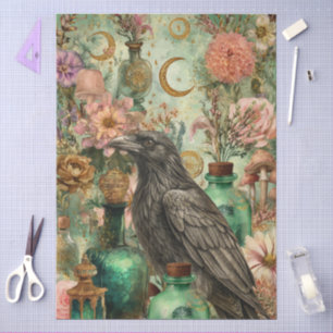 Whimsical Floral Fantasy Gothic Raven Art Collage  Tissue Paper