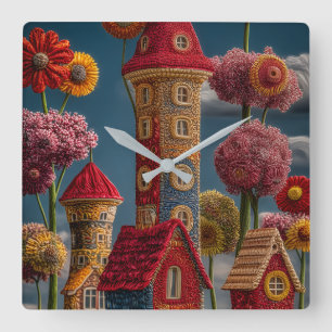 Whimsical Floral Fantasy Village Wall Clock