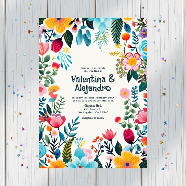 Whimsical Floral Fiesta Wedding Photo and QR Code Invitation (Whimsical Floral Fiesta Wedding Photo and QR Code Invitation)