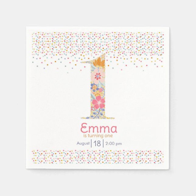 Whimsical Floral First Birthday Invitation Napkin (Front)