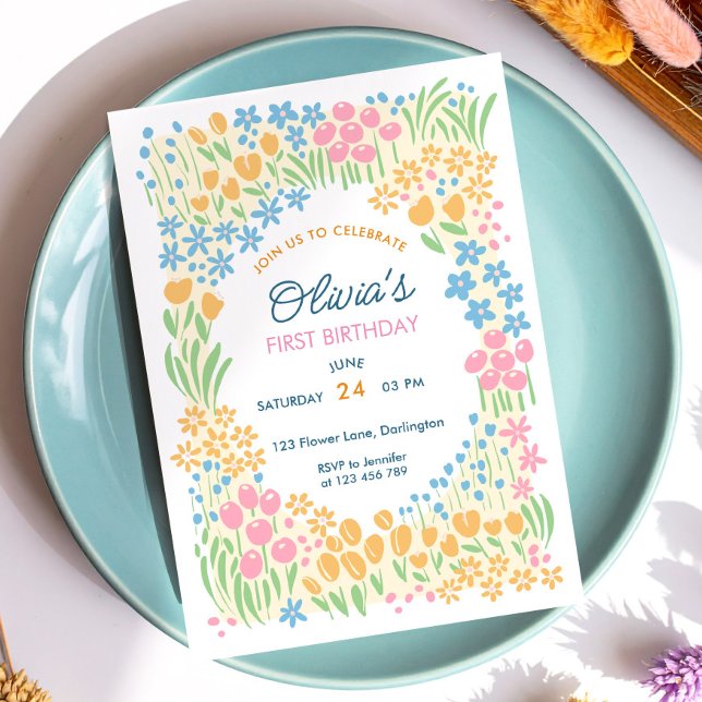 Whimsical Floral First Birthday Party Invitation (Creator Uploaded)