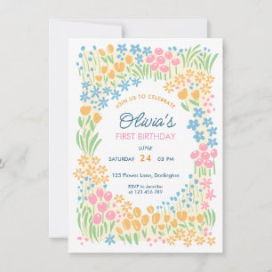 Whimsical Floral First Birthday Party Invitation